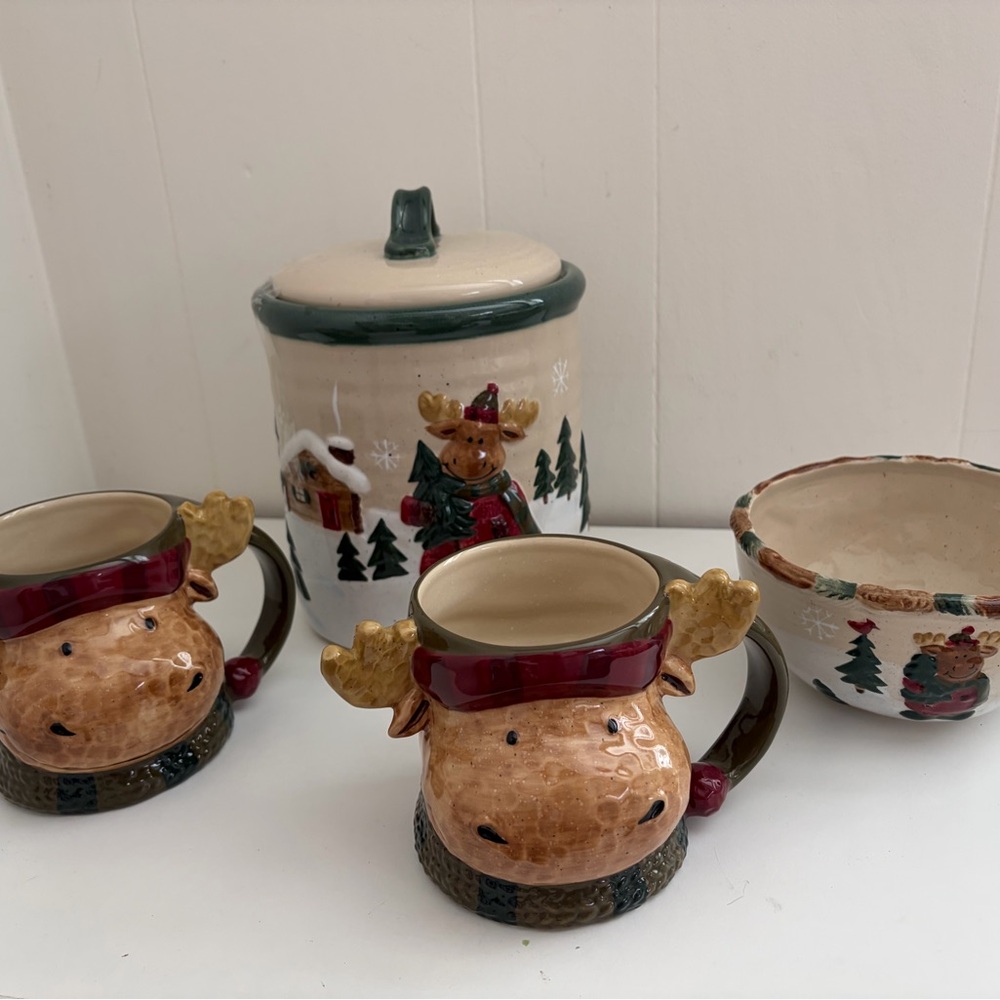 St. Nicholas Square Christmas Set Festive Reindeer Moose Mug and Cookie Canister